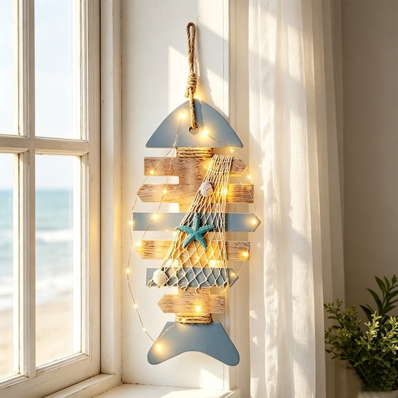 Distressed Wooden Fish Bone Wall Hanging,Mediterranean Nautical Skeleton Pendant with Fishing Net Starfish Shell,LED Light String for Beach Bathroom Decor