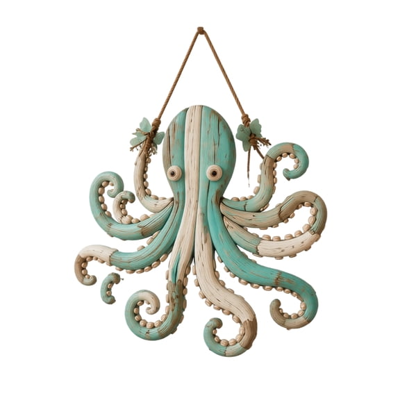 Distressed Wooden Octopus Wall Hanging with Weathered Blue White Finish, Rustic Coastal Nautical Wall Art for Indoor Home Decoration, Housewarming Birthday Gift for Mom Her, 1