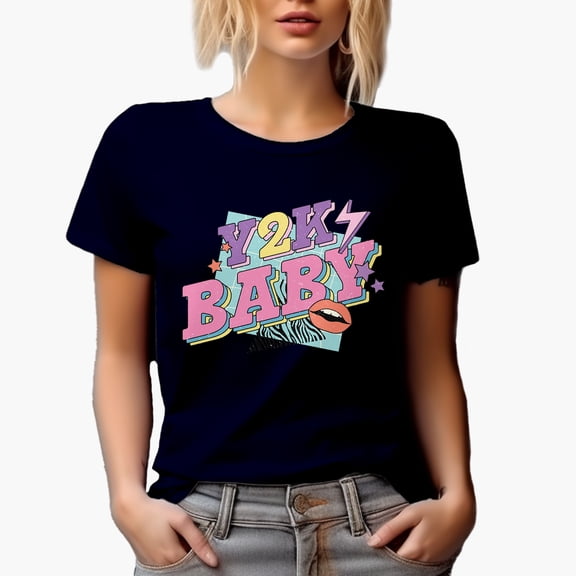 Distressed Y2K Baby, Retro Generation Z Themed Merch Gift, Navy Blue T-Shirt, Medium