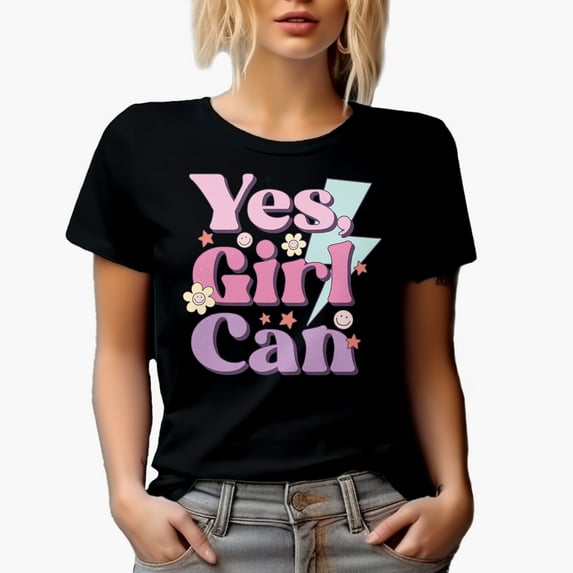 Distressed Yes, Girl Can, Girly Merch Gift, Black T-Shirt, 2XL