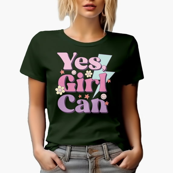 Distressed Yes, Girl Can, Girly Merch Gift, Military Green T-Shirt, 2XL