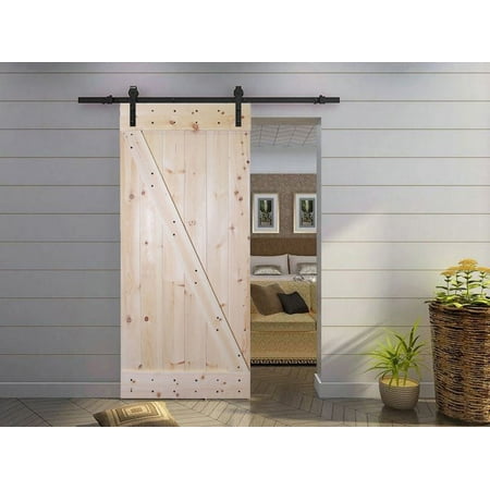 Distressed Z 38 in. x 84 in. Unfinished Solid Knotty Pine Wood Interior Sliding Barn Door with Hardware Kit