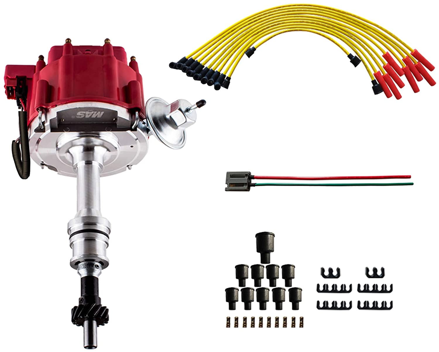 Distributor & Spark plug Wire Compatible with Ford 351C 351M 400 429 460 HEI 65,000 Volt Coil KA-1046013 PE332U JM6506BL 351CBLHEI0