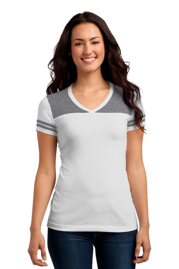 ® Juniors Varsity V-Neck Tee. DT264 - White/ Heathered Nickel Size XXL