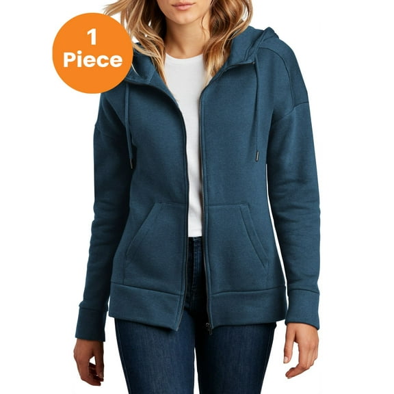 District Clothing DT1104 District Women's Perfect Weight Fleece Drop Shoulder Full-Zip Hoodie , Heathered Poseidon Blue, S, Womens Hoodies