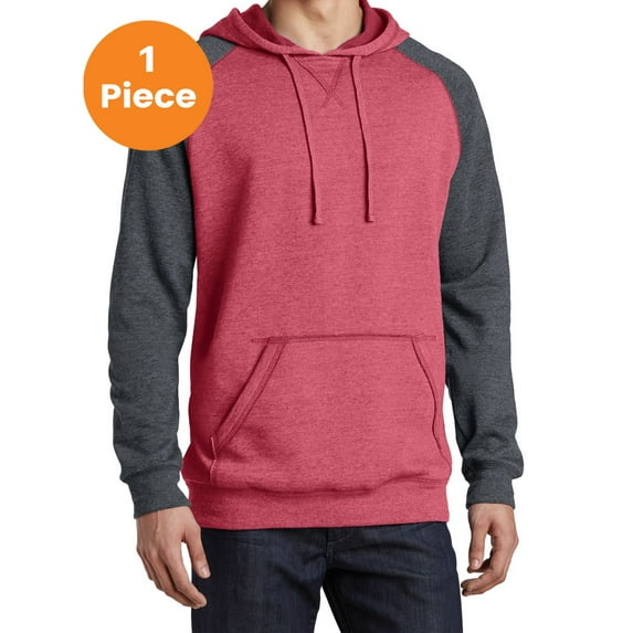 District DT196 Young Mens Lightweight Fleece Raglan Hoodie, Heathered Red/ Heathered Charcoal, L, Mens Hoodies