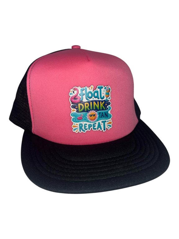 Flat Bill Snapback Trucker Cap with full color Float Drink Tan Repeat Patch
