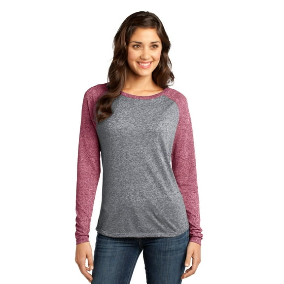 District Juniors Microburn Long Sleeve Raglan Tee-XS (Sangria/ Heathered Nickel)