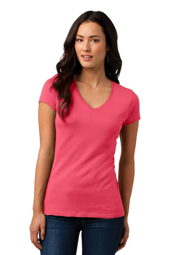 Juniors Vintage Wash V Neck Tee-S (Coral)