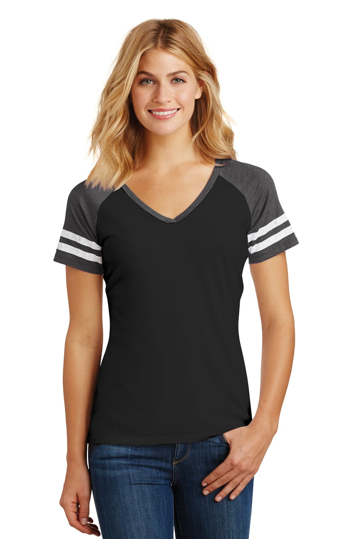 District Made Ladies Game V-Neck Tee. Dm476 , DM476 , Black/ Heathered Charcoal , Small