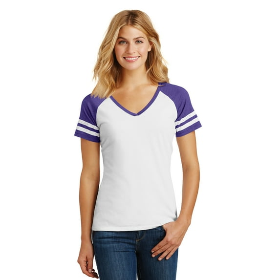 District Made Ladies Game V Neck Tee-XL (White/ Heathered Purple)