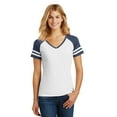 thumbnail image 1 of District Made Ladies Game V Neck Tee-XS (White/ Heathered True Navy), 1 of 6