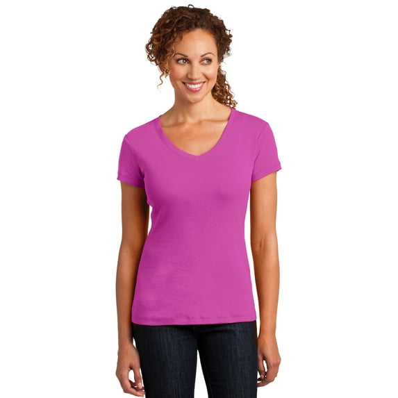 District Made Ladies Mini Rib V-Neck Tee, Pink Raspberry, XS