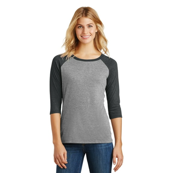 District Made Ladies Perfect Tri 3/4 Sleeve Raglan-M (Black Frost/ Grey Frost)