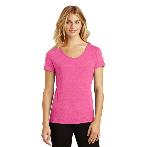 District Made Ladies Perfect Tri V Neck Tee-M (Fuchsia Frost)