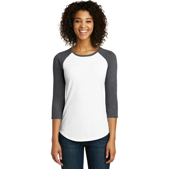 District Women's Fitted Very Important Tee 3/4-Sleeve Raglan Dt6211 - Heathered Charcoal/ White - L