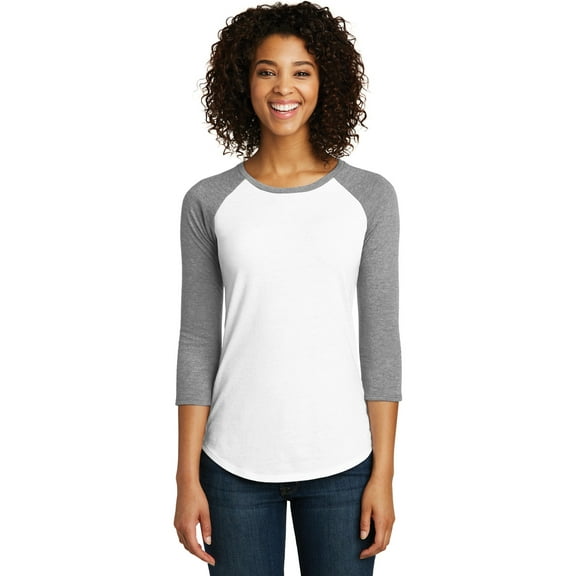 District Women's Fitted Very Important Tee 3/4-Sleeve Raglan Dt6211 - Light Heather Grey/ White - XXL