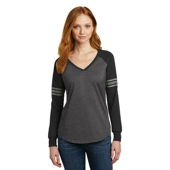 District Women's Game Long Sleeve V-Neck Tee Dm477 Heathered Charcoal/ Black/ Silver XS