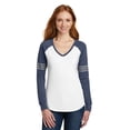 thumbnail image 1 of District Women's Game Long Sleeve V-Neck Tee Dm477 - White/ True Heathered Navy - M, 1 of 3