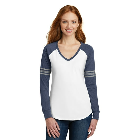 District Women’s Game Long Sleeve V-Neck Tee, White/ True Heathered Navy, Large
