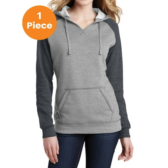 District Women’s Lightweight Fleece Raglan Hoodie, Heathered Grey/ Heathered Charcoal, XL, Womens Activewear