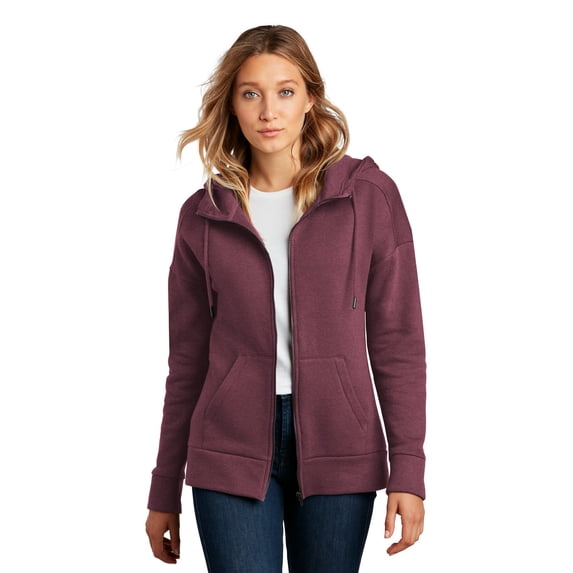 District Women's Perfect Weight Fleece Drop Shoulder Full-Zip Hoodie DT1104 - XL Heathered Loganberry