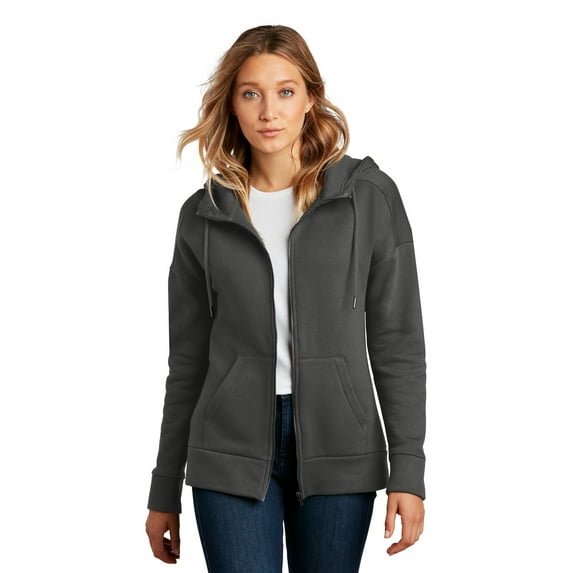District Women's Perfect Weight Fleece Drop Shoulder Full-Zip Hoodie DT1104 - XXL Charcoal