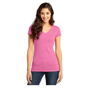 District Women's Short Sleeve Juniors Very Important V-Neck T-Shirt True Pink Large