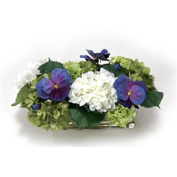 Disttive Designs 17163A Unisex Hydrangea Mix with Blue Pansies in Rectangle Vase - Green