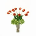 thumbnail image 1 of Disttive Designs 17183A Unisex Dark Orange & Red Tulips & Green Hydrangeas in Fluted Gold Rim Trimmed Glass Vase - Green, 1 of 1