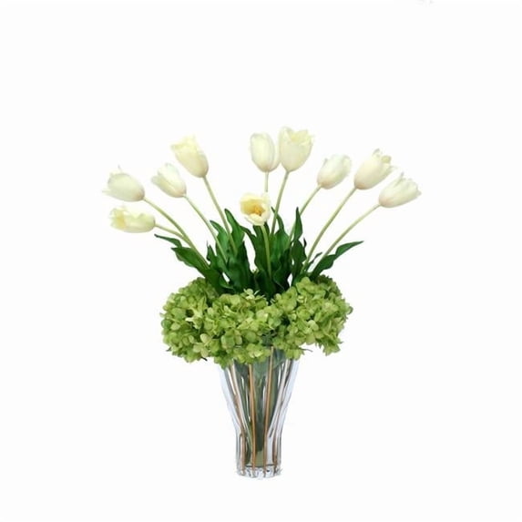 Disttive Designs 17183B Unisex White Tulips & Green Hydrangeas in Fluted Rim Trimmed Glass Vase