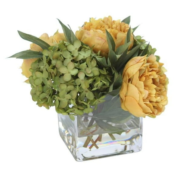 Disttive Designs 17193 Unisex Green Hydrangea with Gold Peonies in Square Glass