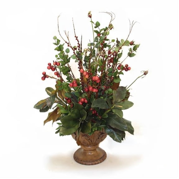 Disttive Designs 2374D Unisex Magnolias & Foliage Fruit Spray in Walnut Leaf Urn - Red