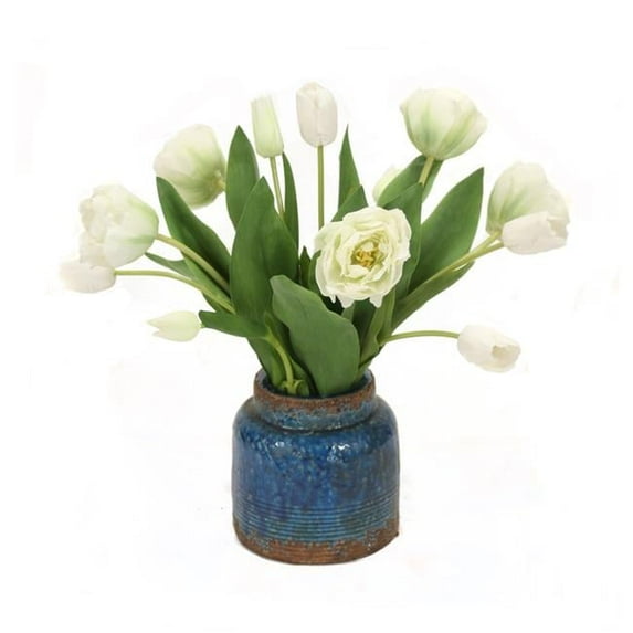 Disttive Designs 30002 Unisex White Parrot Tulips in Rustic Blue Pot - White