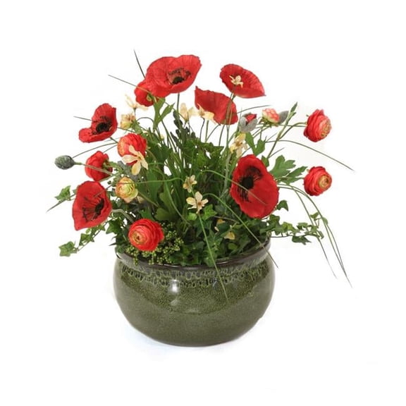 Disttive Designs 30012 Unisex Poppies with Grass & Apple Blossomes, Mini Ranunculas & Ivy in Green Planter