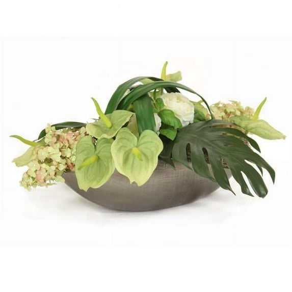 Disttive Designs 3085 Unisex Green Anthuriums, Ranunculus & Hydrangeas in Cosmic Curved Bowl - White