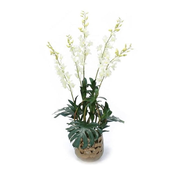 Disttive Designs 6023 Unisex White Dendrobium Plants in Gold Gabbi Planter - Green