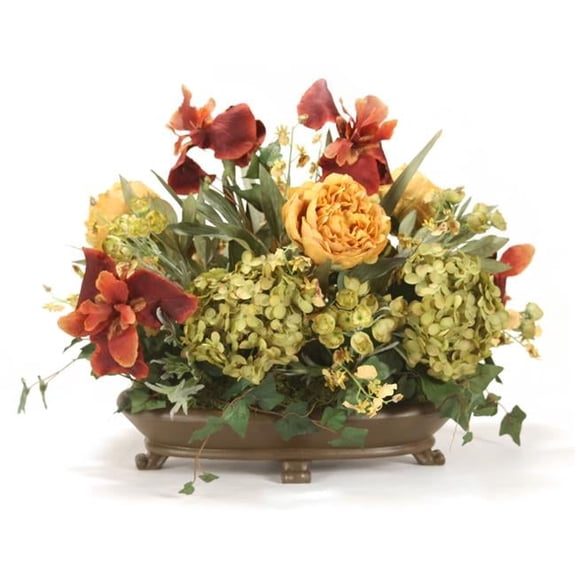 Disttive Designs 9088 Unisex Iris, Hydrangea & Peonies in Oval Bowl with Feet - Green
