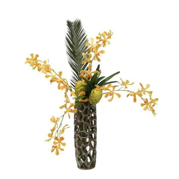 Disttive Designs 9871C Unisex Yellow Orange Vanda Orchid & Cycas Palm with Honeycomb in Open Weave Vase - Orange