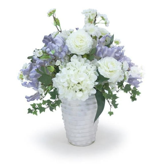 Disttive Designs 9956A Unisex Ranunculas with Hydrangeas & Cherry Blossoms & Parrot Tulips in Layered Vase - Blue