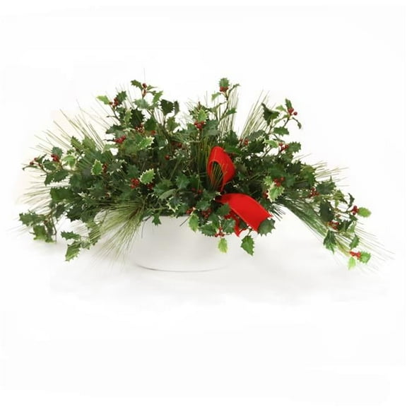 Disttive Designs X05XA10 Unisex Pine Mix with Holly Berries in White Oval Planter - Green