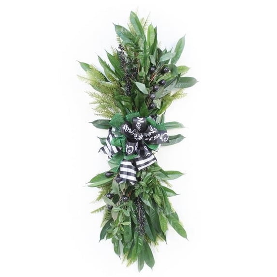 Disttive Designs XA-278 Unisex Pine Swag with Black Berries & Green Accents with Black & White Ribbon - Green