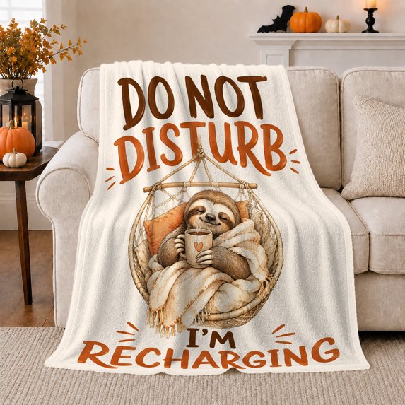 Do Not Disturb Sloth in Hanging Chair, Cozy Relaxed Style for Sloth Lovers, Warm Mug Pillow Scene, Flannel Blanket for Bedroom and Reading Nook, Birthday Gift and Comfort Home Decor