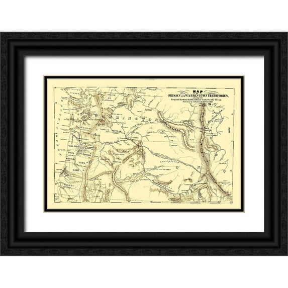 Disturnell 32x23 Black Ornate Wood Framed with Double Matting Museum Art Print Titled - Oregon and Washington Proposed Railroad Route 1855