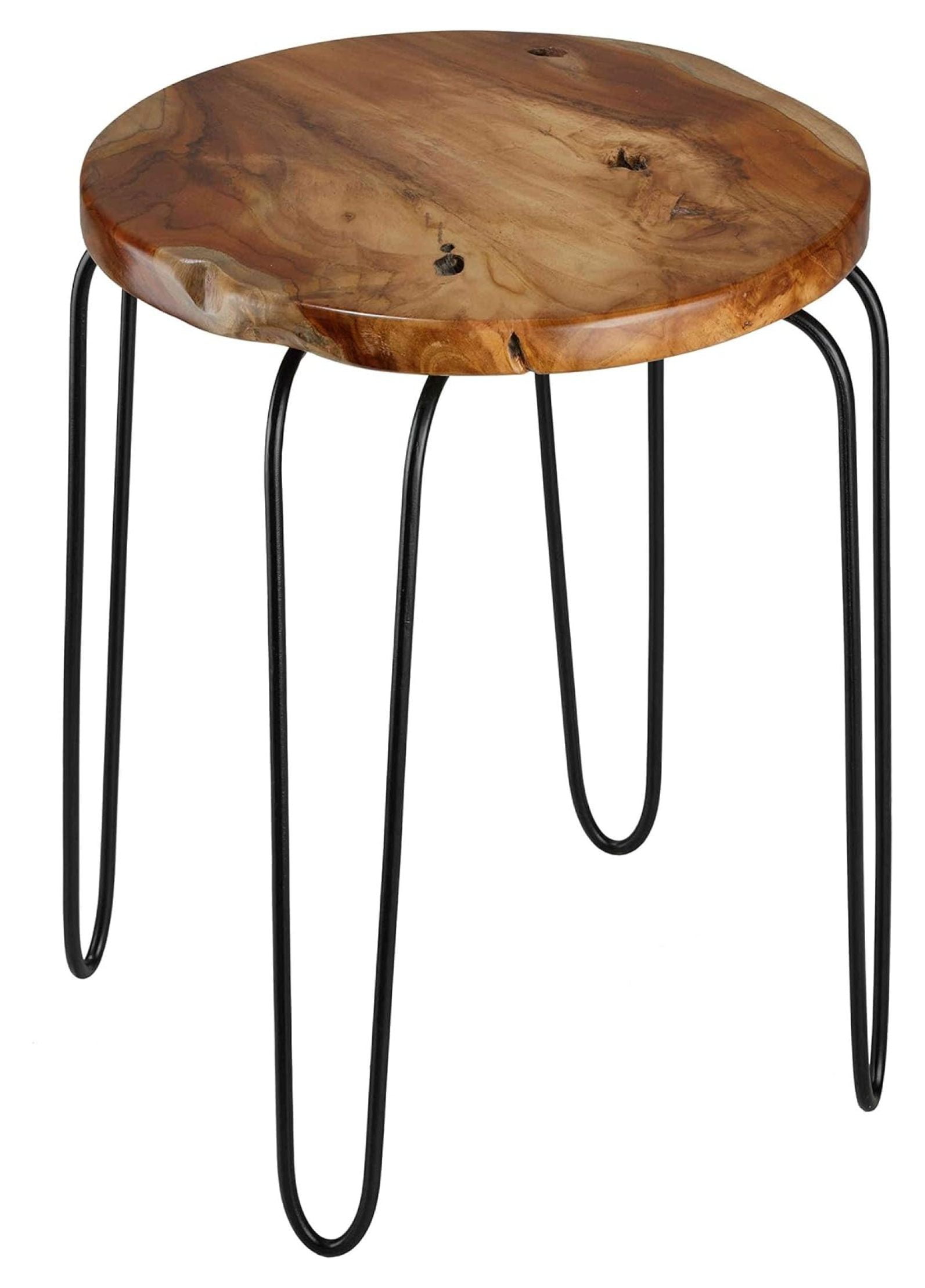 Round Teak and Black Metal Industrial End Table