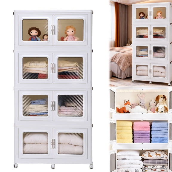 Ditregsr 80.9in 4-Tier Large-capacity Storage Box, Foldable Plastic Cabinet with Wheels and Transparent Door, Suitable for Storing Snacks, Toys, Books, Beverages, Cosmetics, Bedding