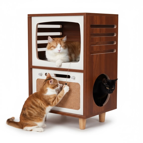 Ditregsr Double-Layer Retro TV Cat Bed, Multi-Layer Board Cat Activity Center with Sisal Scratching Board, Creative Bedroom Bedside Table, Suitable for Living Room and Bedroom