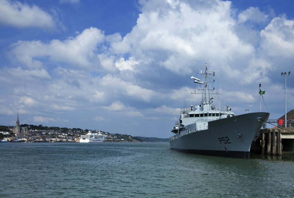 Ditsant Ferry passing Cobh and the Irish Naval Frigate Niamh moored at Haulbowline Naval Base Cork Harbour County Cork Ireland Canvas Art - Panoramic Images (36 x 12)