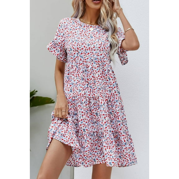Ditsy Floral Flounce Sleeve Tiered Dress