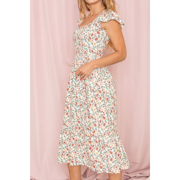 Ditsy Floral Flutter Cap Sleeve Square Neck Midi Dress | S-3X